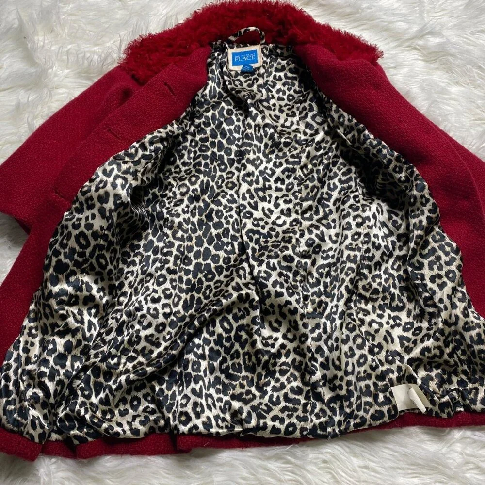 Childrens Place Coat Girls 3T Red Ruffle Collar Button Up Wool Blend Leopard‎